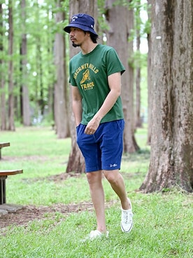 「The DUFFER of ST.GEORGE（ザダファーオブセントジョージ）のアイテム（帽子）」を使った、JEEさん（メンズ・182cm）の夏コーディネート