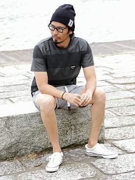 「The DUFFER of ST.GEORGE（ザダファーオブセントジョージ）の"D" WAPEEN KNIT CAP：ワッペンニットキャップ（ニットキャップ/ビーニー）」を使った、JEEさん（メンズ・182cm）の夏コーディネート