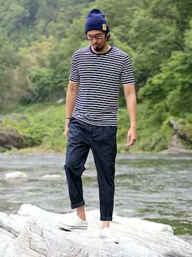 「The DUFFER of ST.GEORGE（ザダファーオブセントジョージ）の"D" WAPEEN KNIT CAP：ワッペンニットキャップ（ニットキャップ/ビーニー）」を使った、JEEさん（メンズ・182cm）の夏コーディネート