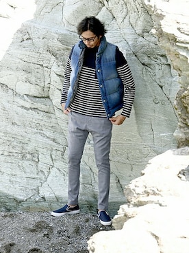 「アイテム（ダウンベスト）」を使った、JEEさん（メンズ・182cm）の冬コーディネート