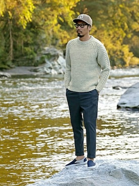 「ウールパンツ」｜「アイテム（帽子）」を使った、JEEさん（メンズ・182cm）の秋コーディネート