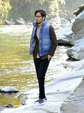 「アイテム（ダウンベスト）」を使った、JEEさん（メンズ・182cm）の秋コーディネート