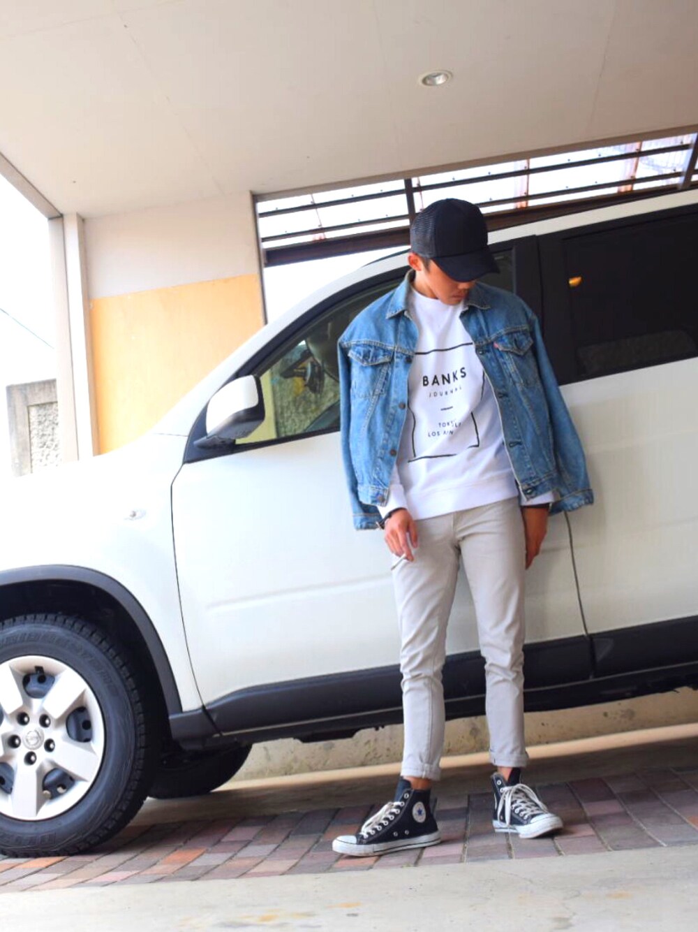 「大人カジュアル、冬、シンプル、ユニクロ、デニムジャケット、デニム、キャップ、サーフ、コンバース、ootd」｜「Levi'sのアイテム（デニムジャケット、ブルー系）」を使った、dacciさん（メンズ・165cm）の冬コーディネートの1枚目の写真