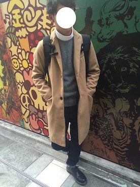 「タートルネックカットソー」｜「アイテム（チェスターコート）」を使った、がくとさん（メンズ・175cm）の冬コーディネート