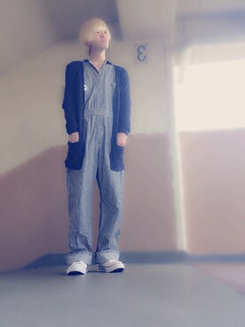 「カーディガン」｜「アイテム（つなぎ/オールインワン）」を使った、なかぽーん。さん（メンズ・167cm）の秋コーディネート