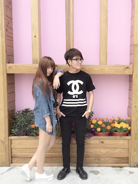 「BRIDGE（ブリッジ）のアイテム（その他シューズ）」を使った、莊喆さん（メンズ・173cm）の夏コーディネート