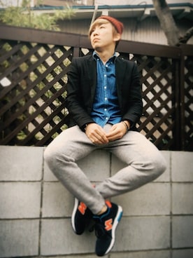 「NEW BALANCE（ニューバランス）のアイテム（スニーカー、ブルー系）」を使った、yasさん（メンズ・170cm）の冬コーディネート