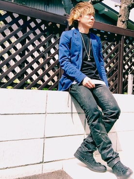 「ZARA（ザラ）のアイテム（テーラードジャケット、ブルー系）」を使った、yasさん（メンズ・170cm）の春コーディネート