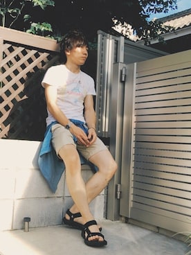 「Maison Kitsune（メゾンキツネ）のKITSUNÉ TEE T-shirts（Tシャツ/カットソー、ホワイト系）」を使った、yasさん（メンズ・170cm）の夏コーディネート