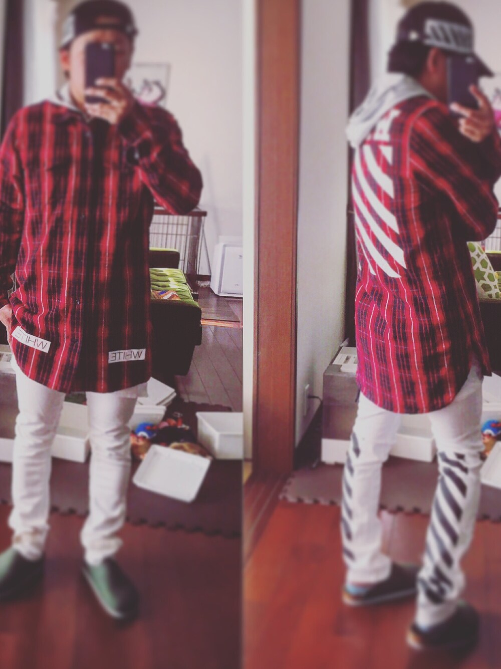 「off white、ハイストリート #highstreet」｜「off whiteのOFF WHITE 『BRUCHED DIAGONALS』キャップ（キャップ、ブラック系）」を使った、Takuchangさん（メンズ・168cm）の秋コーディネートの1枚目の写真