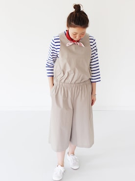 「アイテム（つなぎ/オールインワン、ベージュ系）」を使った、francbonnさん（レディース・155cm）の春コーディネート
