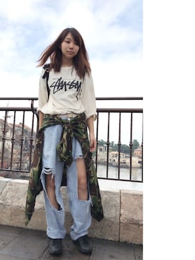 「リメイクデニム」｜「アイテム（アクセサリー）」を使った、しょーんさん（レディース・165cm）の秋コーディネート