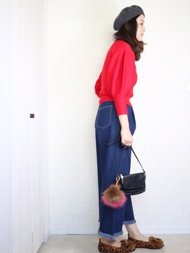 「Three Four Time（ｽﾘｰﾌｫｰﾀｲﾑ）のボリューム袖ニットPO（ニット/セーター、レッド系）」を使った、utamama210さん（レディース・172cm）の冬コーディネート