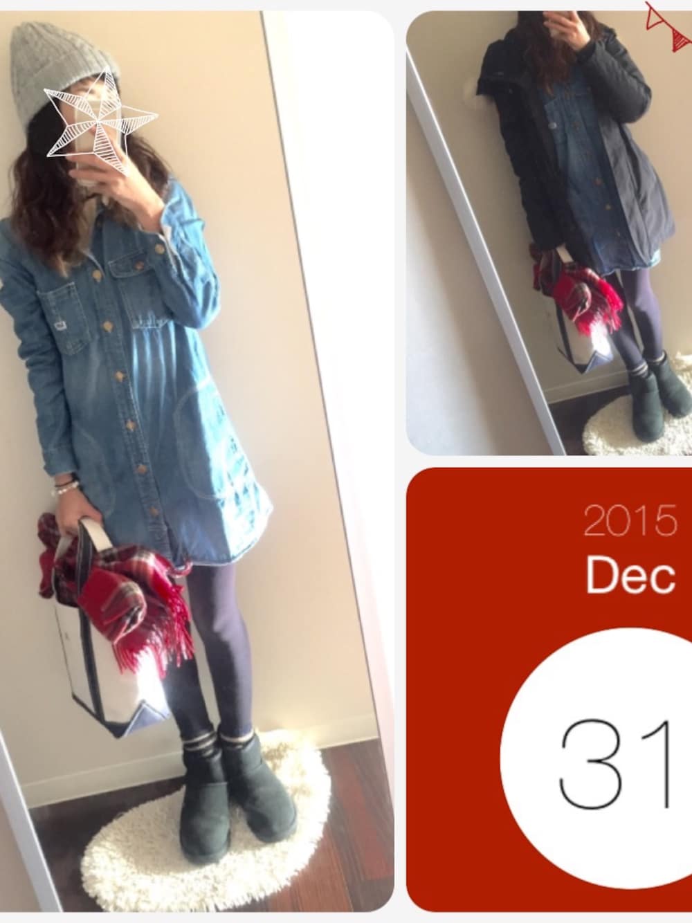 「デニムワンピース、ニット帽、UGG、l.l.bean、2014年、ラストWEAR」｜「L.L.Beanのアイテム（トートバッグ、ブラック系）」を使った、A.♡さん（レディース・154cm）の冬コーディネートの1枚目の写真