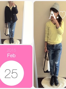 「イエロー」｜「アイテム（ピーコート）」を使った、A.♡さん（レディース・154cm）の冬コーディネート
