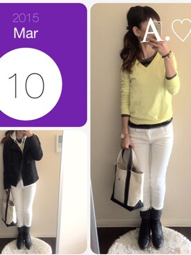 「イエロー」｜「アイテム（ピーコート）」を使った、A.♡さん（レディース・154cm）の春コーディネート