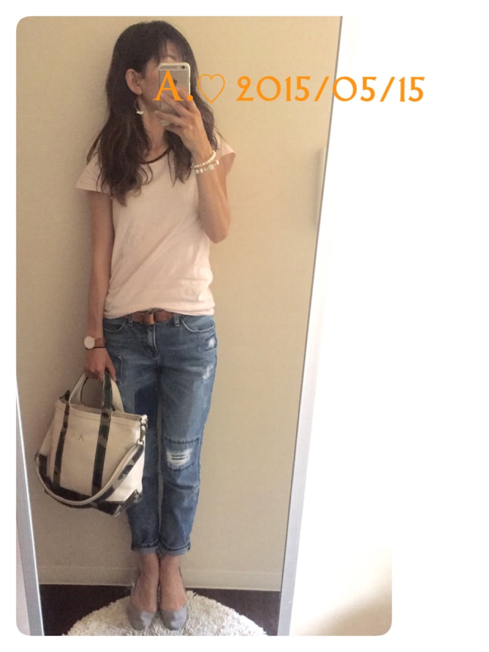 「シンプル、ピンク、ダメージデニムパンツ、DALUC、it、l.l.bean、H&M」｜「DALUCのアイテム（Tシャツ/カットソー、ピンク系）」を使った、A.♡さん（レディース・154cm）の春コーディネートの1枚目の写真