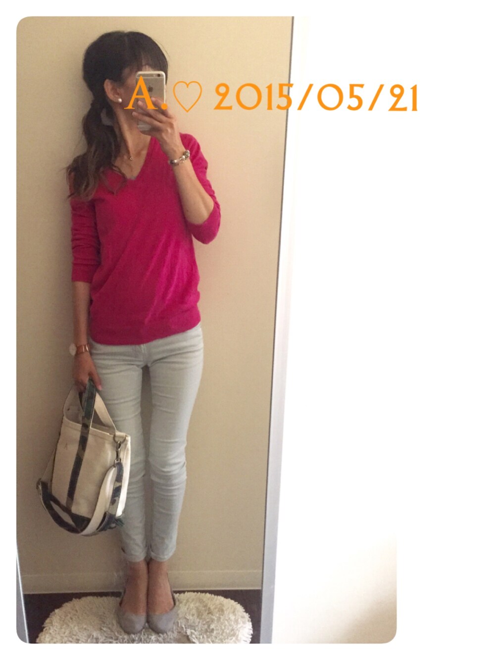 「シンプル、ピンクニット、スキニー、ユニクロ、UNIQLO、GU、l.l.bean、H&M」｜「UNIQLOのアイテム（ニット/セーター、ピンク系）」を使った、A.♡さん（レディース・154cm）の春コーディネートの1枚目の写真