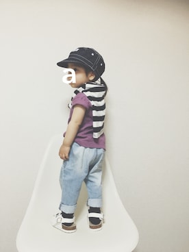 「アイテム（ロンパース、ブラック系）」を使った、accaさん（キッズ・80cm）の春コーディネート