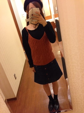 「ニットキャミソール」｜「アイテム（ハンチング/ベレー帽）」を使った、E♡さん（レディース・155cm）の秋コーディネート