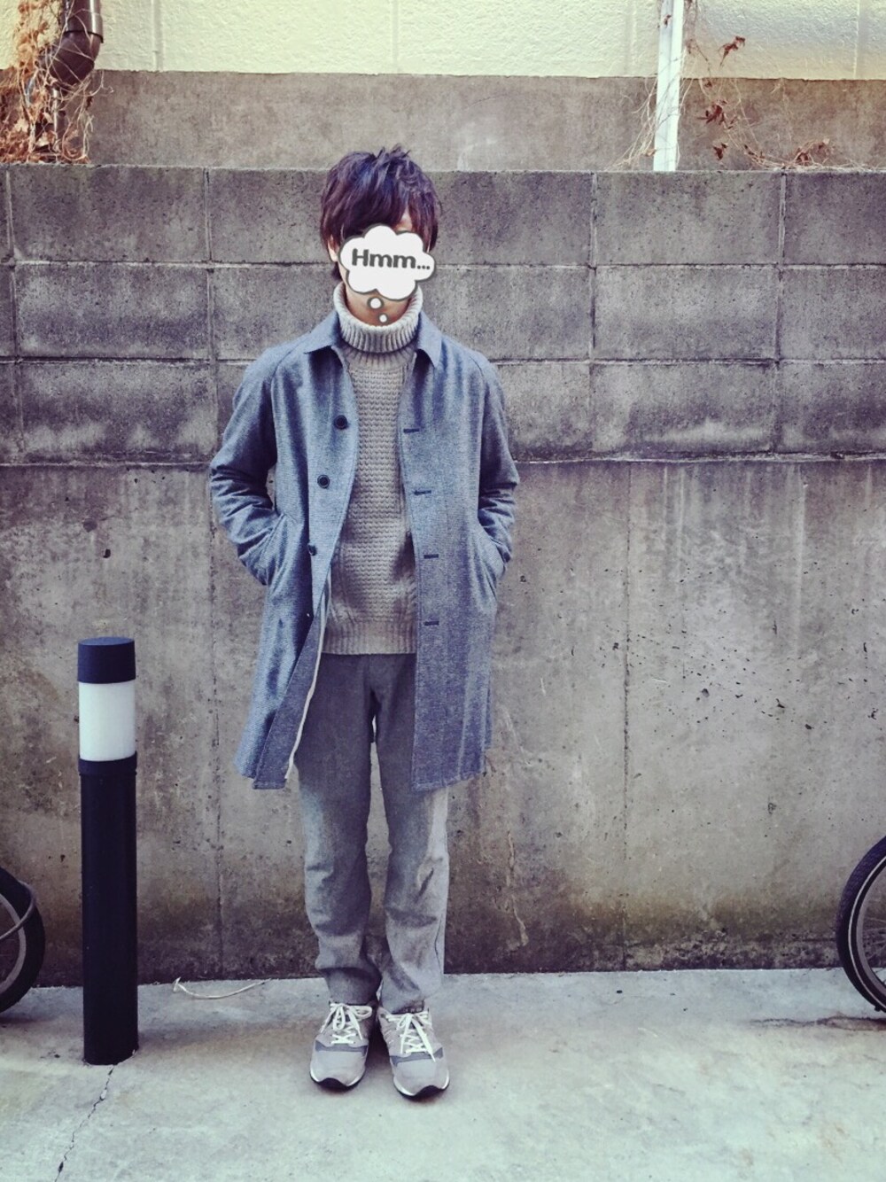 「オールグレー、ワントーンコーデ、Steven Alan、LOUNGE LIZARD、New Balance、タートルネックニット、ステンカラーコート、ニューバランス、グレー」｜「Steven Alanのアイテム（ステンカラーコート、グレー系）」を使った、yutaroさん（メンズ・168cm）の冬コーディネートの1枚目の写真