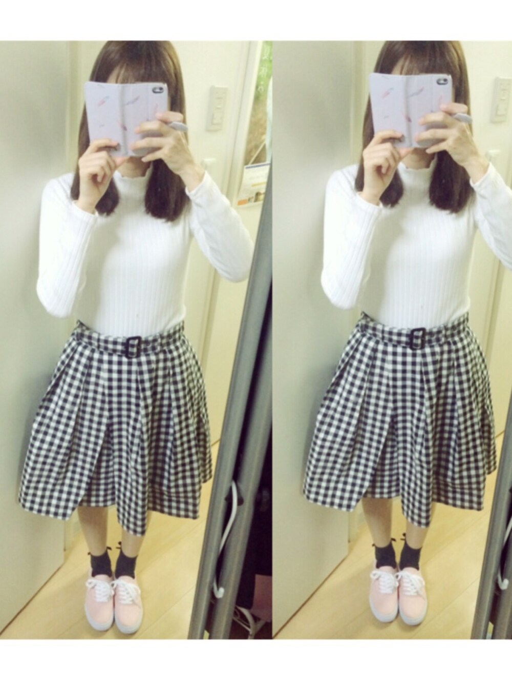 「ギンガムチェック、ギンガムチェックスカート、スニーカー、ピンク、FOREVER 21、evelyn」｜「FOREVER 21のアイテム（スニーカー、ピンク系）」を使った、ゆいさん（レディース・155cm）の春コーディネートの1枚目の写真