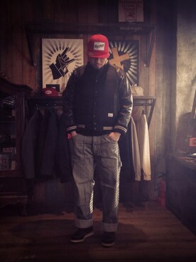 「LEATA（リータ）のVarsity jacket black（スタジャン、ブラック系）」を使った、2SSENSEさん（メンズ・182cm）の冬コーディネート