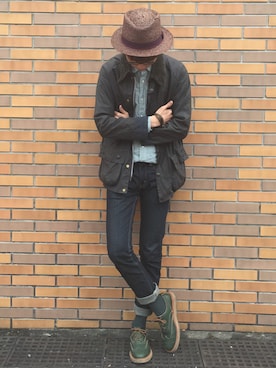 「Barbour（バブアー）のアイテム（ライダースジャケット）」を使った、楚門さん（メンズ・183cm）の冬コーディネート