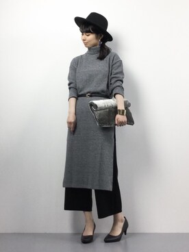 「ツバ広ハット」｜「アイテム（チュニック）」を使った、sayaさん（レディース・163cm）の冬コーディネート