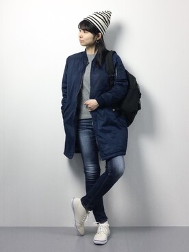 「ニットキャップ」｜「アイテム（MA-1）」を使った、sayaさん（レディース・163cm）の冬コーディネート