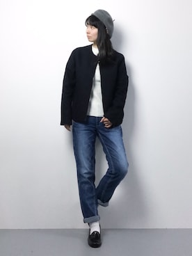 「unrelaxing（アンリラクシング）のアイテム（ノーカラージャケット）」を使った、sayaさん（レディース・163cm）の冬コーディネート