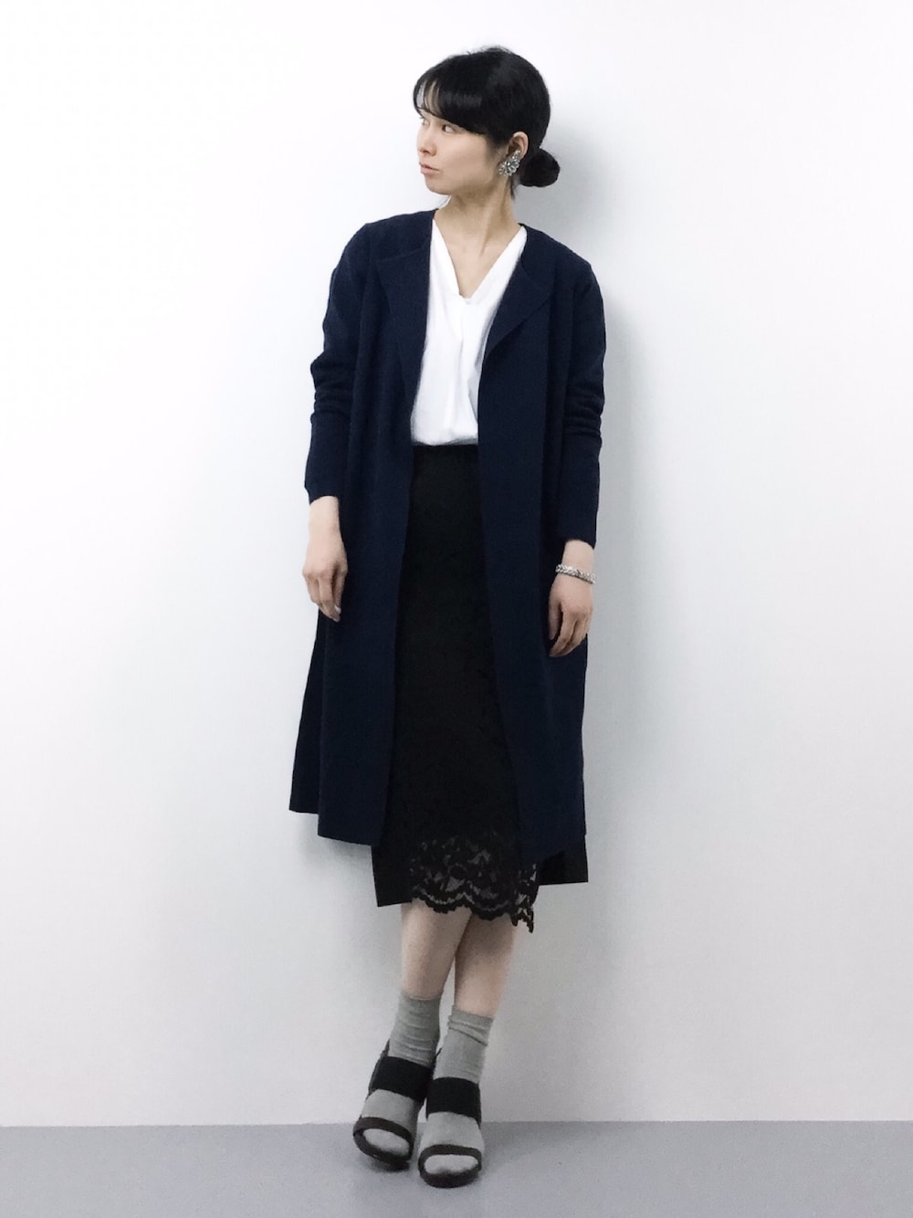 「NOLLEY’Sの16Gミラノリブロングカーディガン（カーディガン/ボレロ、ブルー系）」を使った、sayaさん（レディース・163cm）の春コーディネートの1枚目の写真