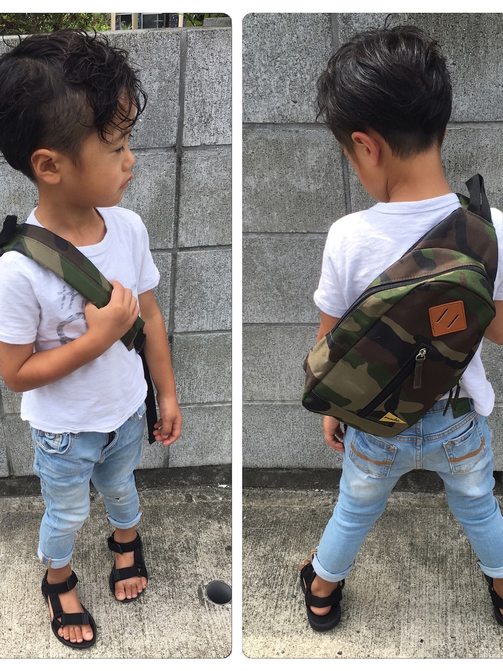 「夏コーデ、kids、キッズファッション、シンプルスタイル、男の子コーデ、4歳、kidsfashion、お洒落さんとつながりたい」｜「GLOBAL WORKのアイテム（サンダル、ブラック系）」を使った、kmsshさん（キッズ・100cm）の夏コーディネートの1枚目の写真