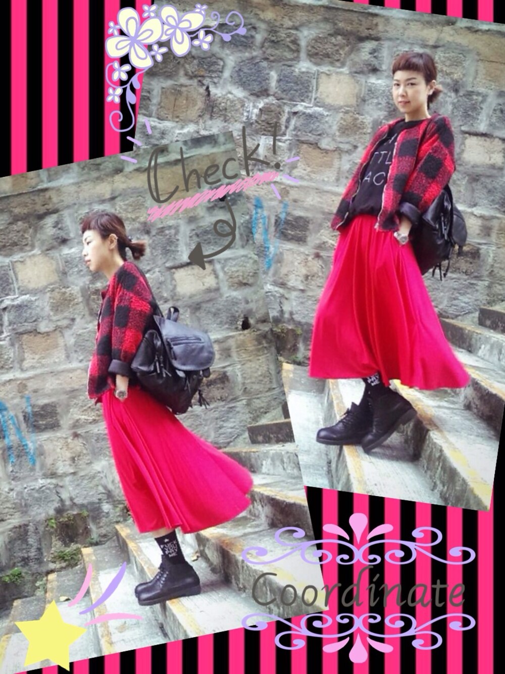 「Tokyo bopper、BELLY BUTTON、korea、Tartan 、hkgirl、OH MY GOD、black、red、coat、check」｜「Oh My God のアイテム（スカート、レッド系）」を使った、i_am_ah_mic  🇭🇰さん（レディース・168cm）の冬コーディネートの1枚目の写真