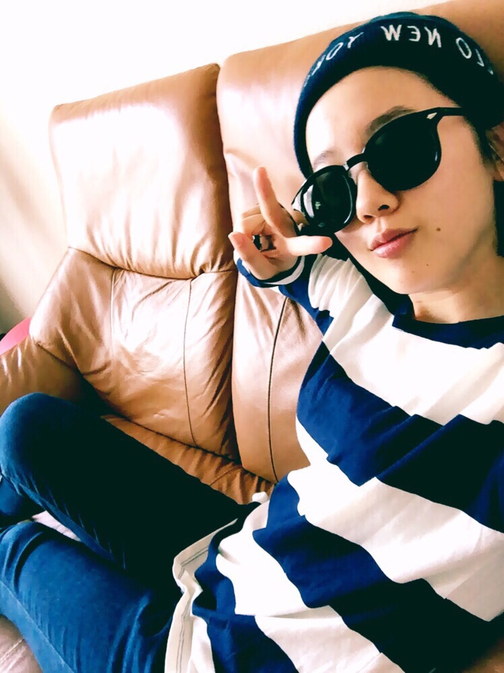 「blue、border、Sunglasses」｜「OLD NAVYのアイテム（トップス、ブルー系）」を使った、もえさん（レディース・153cm）の秋コーディネートの1枚目の写真