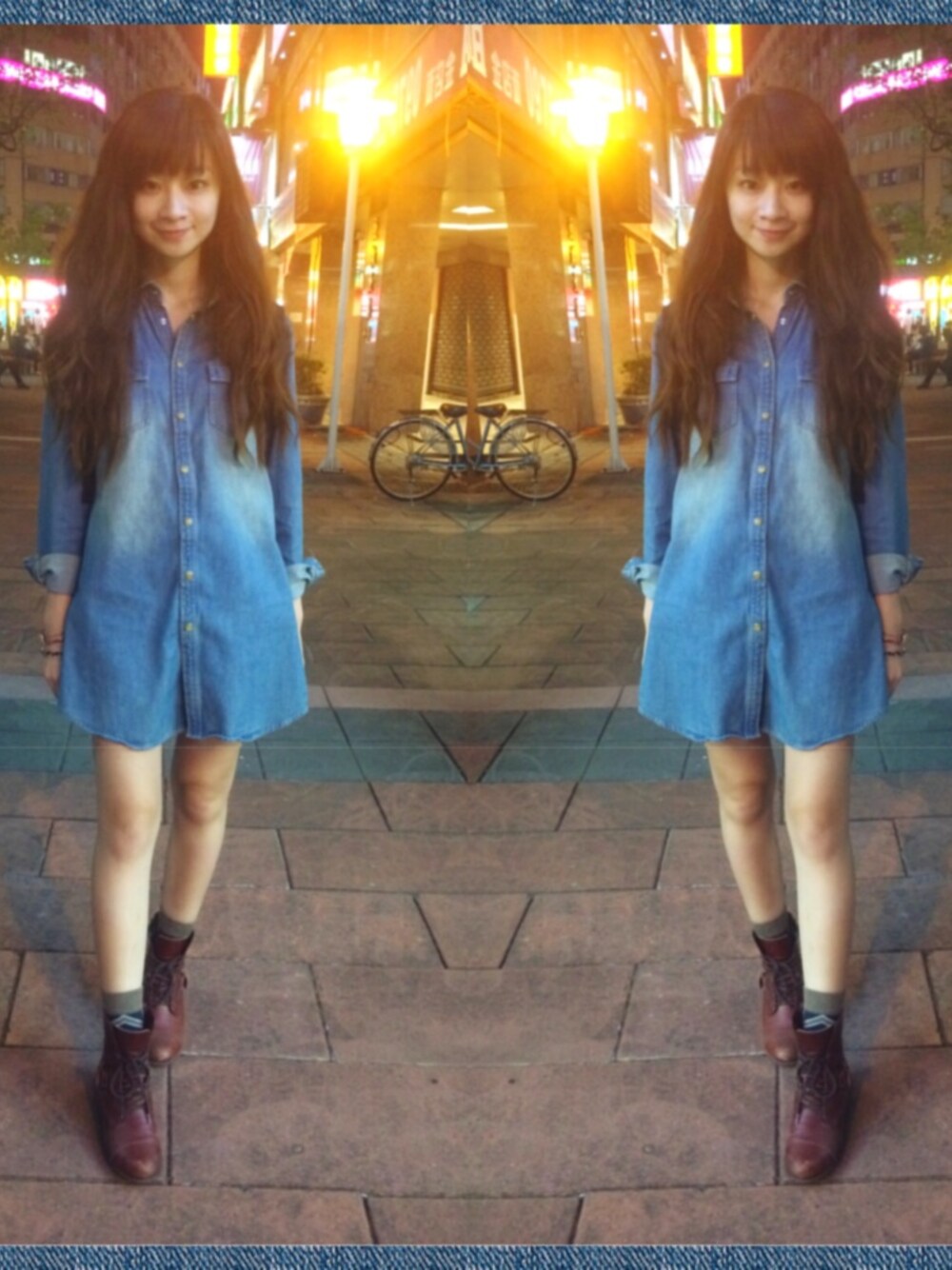 「denim、牛仔、blue、boots、ootd、daily look、Taiwan、Japan、korea、STYLE」｜「mmitのアイテム（シャツワンピース、ブルー系）」を使った、NTさん（レディース・162cm）の冬コーディネートの1枚目の写真