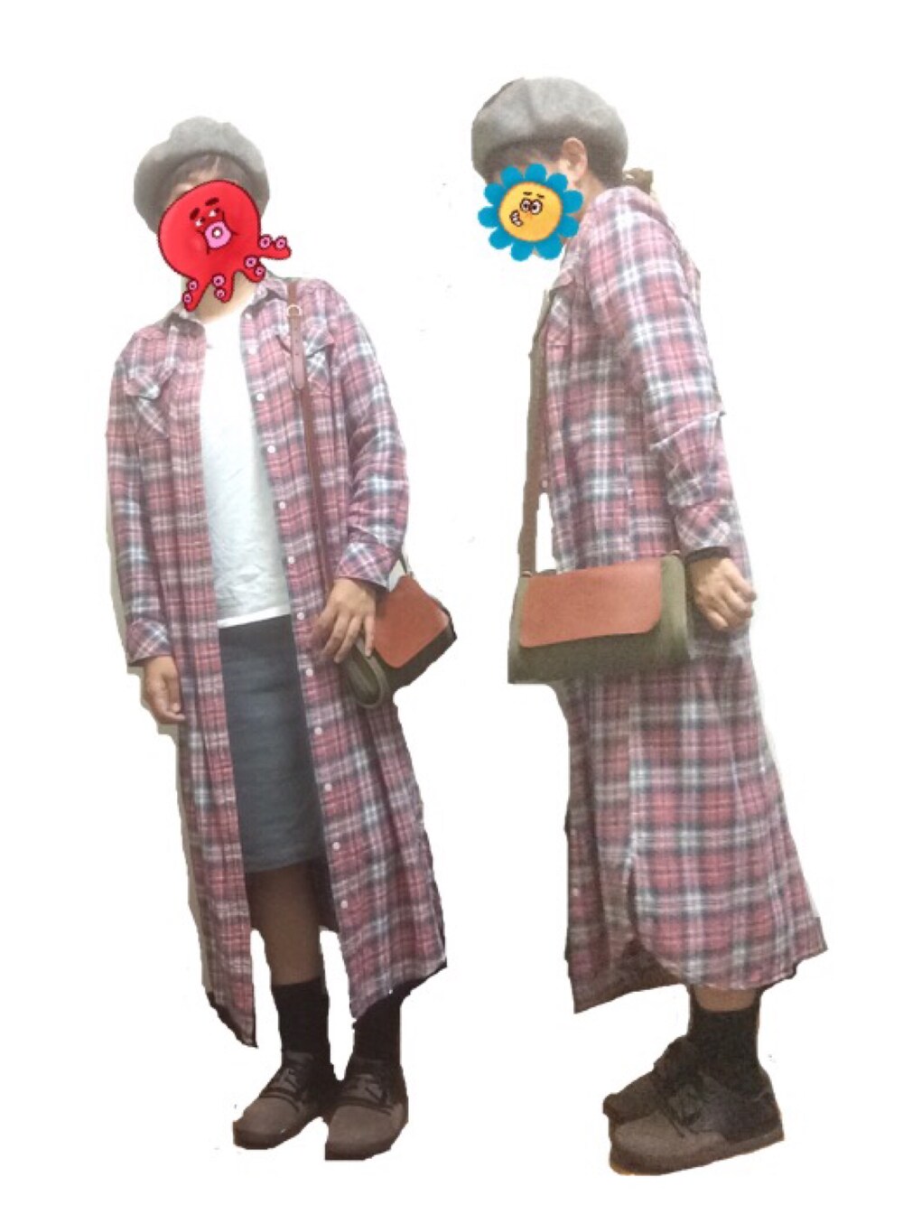 「シャツワンピ、スカート、秋のコーデ、秋コーデ、birkenstock、ローリーズファーム(LOWRYS FARM)、ベレー帽、チェックシャツ」｜「暮らす服のアイテム（シャツワンピース、ピンク系）」を使った、ムーナオさん（レディース・160cm）の秋コーディネートの1枚目の写真