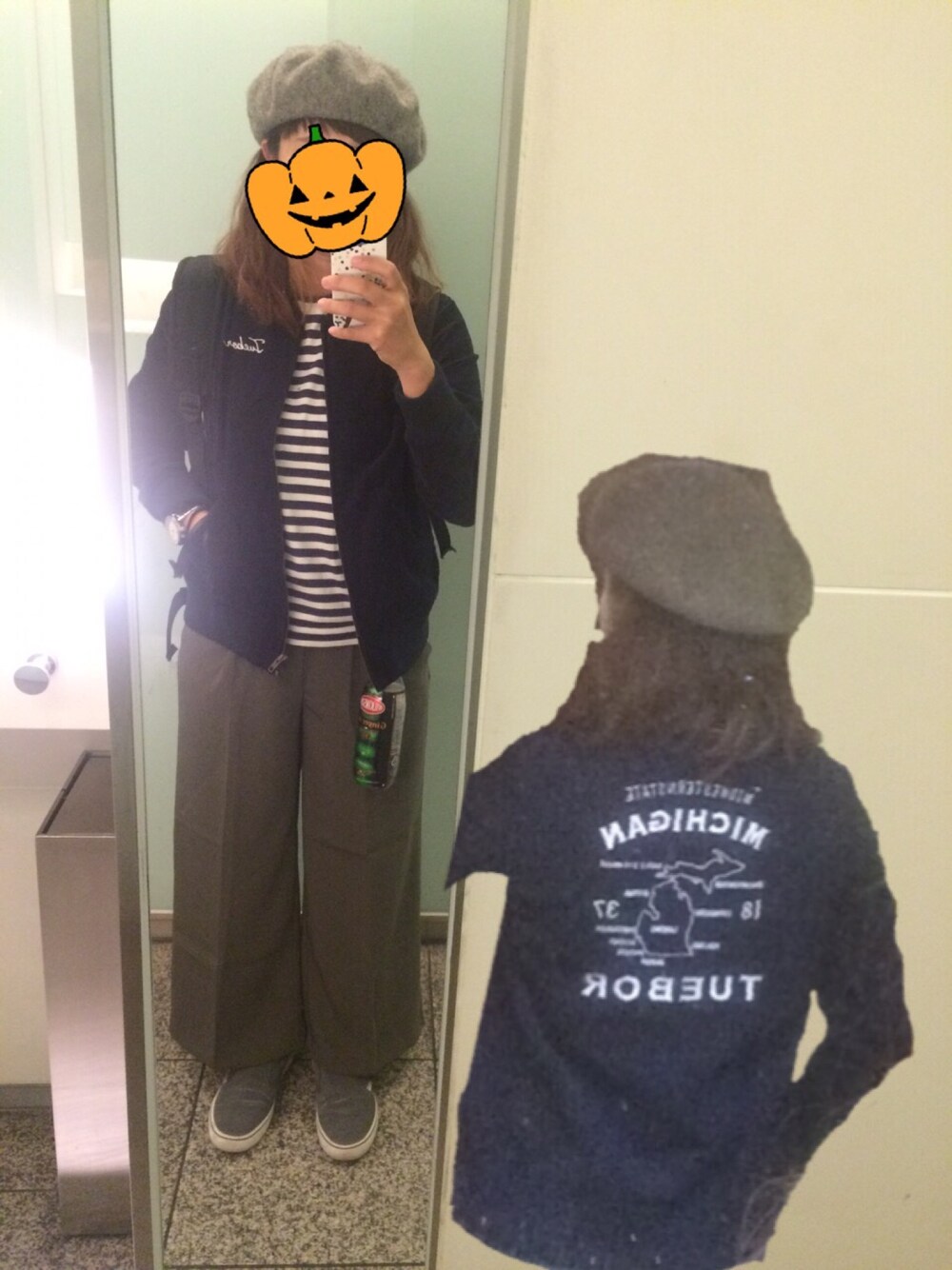 「ベレー帽、ガウチョパンツ、秋のコーデ、ボーダー、SUPERGA、GU、SEVENDAYS＝SUNDAY、LIVE、Zepp Namba、カジュアル」｜「COMME des GARCONSのComme des Garçons 'Play' Stripe Long Sleeve Crewneck T-Shirt（Tシャツ/カットソー、ホワイト系）」を使った、ムーナオさん（レディース・160cm）の秋コーディネートの1枚目の写真