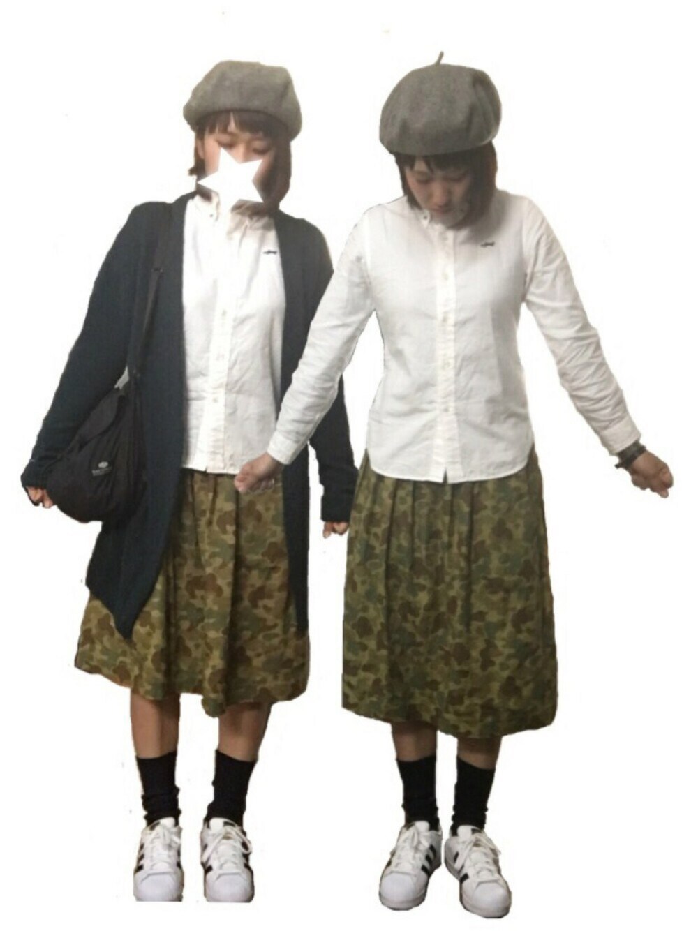 「春コーデ、スカート、スニーカー、白シャツ、カモフラ、TIGREBROCANTE、シンプル、休日スタイル、ロングカーディガン」｜「TIGRE BROCANTEのアイテム（シャツ/ブラウス、ホワイト系）」を使った、ムーナオさん（レディース・160cm）の春コーディネートの1枚目の写真