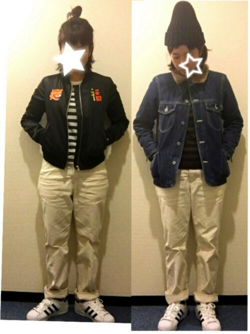 「スニーカー、休日スタイル、白パンツ、春コーデ、デニム、スカジャン、ニット帽、はるコーデ、ベトジャン、ハーフアップお団子」｜「3coinsのアイテム（ニットキャップ/ビーニー、ブラック系）」を使った、ムーナオさん（レディース・160cm）の春コーディネートの1枚目の写真
