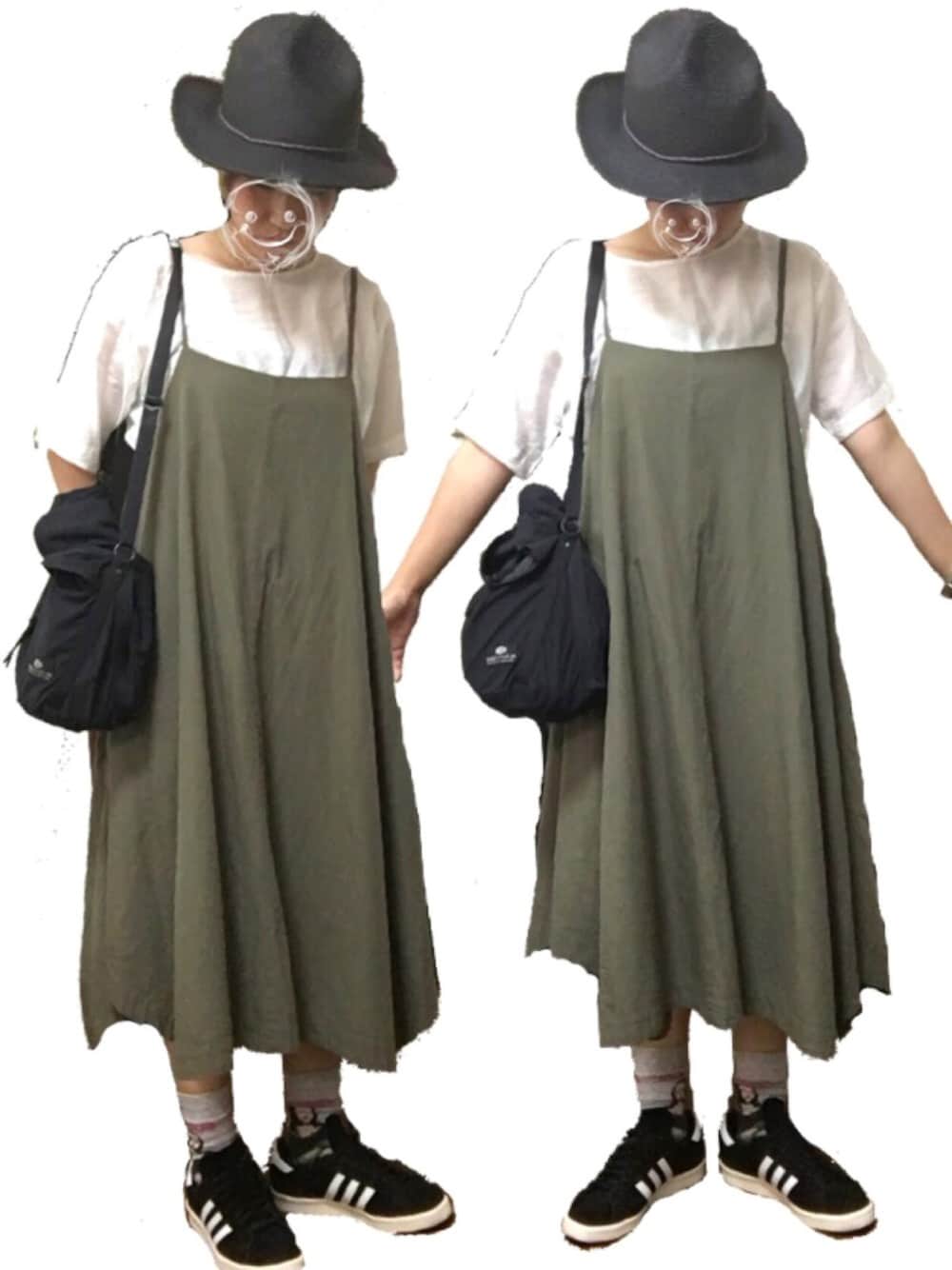 「シンプルコーデ、ワンピース、休日スタイル、ハット、スニーカー、BEAVER、studio clip、adidas、SEVENDAYS＝SUNDAY」｜「WILD THINGSのWILDTHINGS / ワイルドシングス　BRAID HAT　(575)（ハット、ブラック系）」を使った、ムーナオさん（レディース・160cm）の夏コーディネートの1枚目の写真