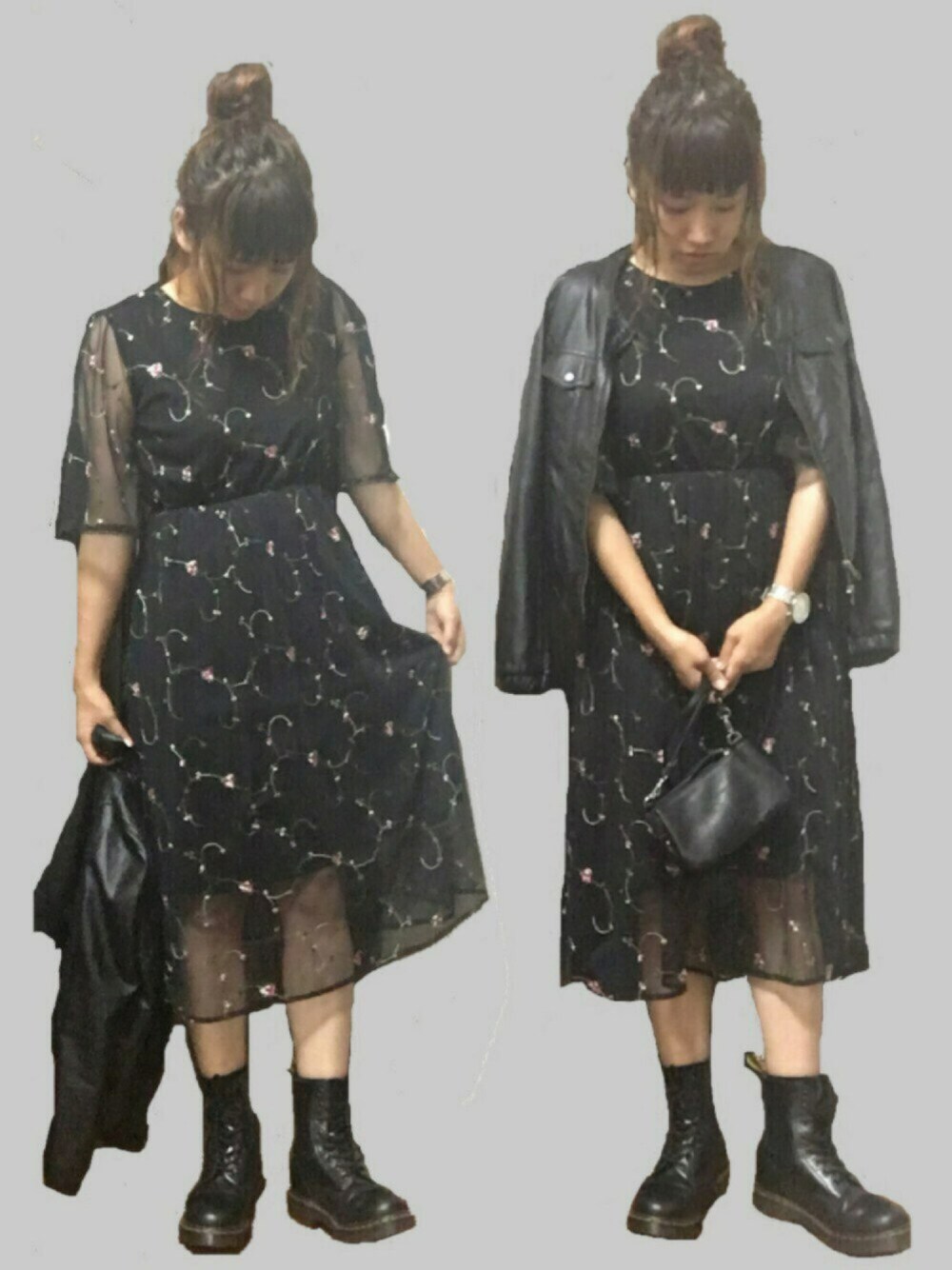 「大人カジュアル、秋のコーデ、ブラック、ラブ＆ピース2016、ワンピース、おだんごヘアー、ブーツ、LIVE、休日スタイル、レザージャケット」｜「PAGEBOYのレースミディ（ワンピース、ブラック系）」を使った、ムーナオさん（レディース・160cm）の秋コーディネートの1枚目の写真