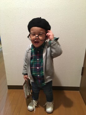 「Handmade（ハンドメイド）のアイテム（ハンチング/ベレー帽、ブラック系）」を使った、chiikoさん（レディース・156cm）の冬コーディネート
