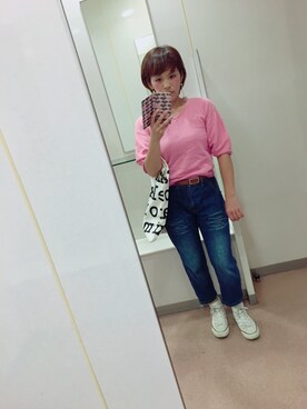 「mystic（ミスティック）のアイテム（Tシャツ/カットソー、ピンク系）」を使った、chiikoさん（レディース・156cm）の夏コーディネート
