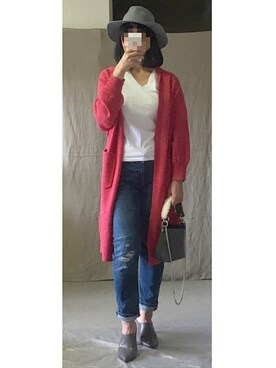「AZUL by moussy（アズールバイマウジー）のｵｰｶﾞﾆｯｸｺｯﾄﾝVﾈｯｸ半袖PO（Tシャツ/カットソー）」を使った、ゆこさん（レディース・166cm）の秋コーディネート