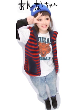 「アイテム（ニットキャップ/ビーニー、ブルー系）」を使った、Annaさん（レディース・163cm）の夏コーディネート