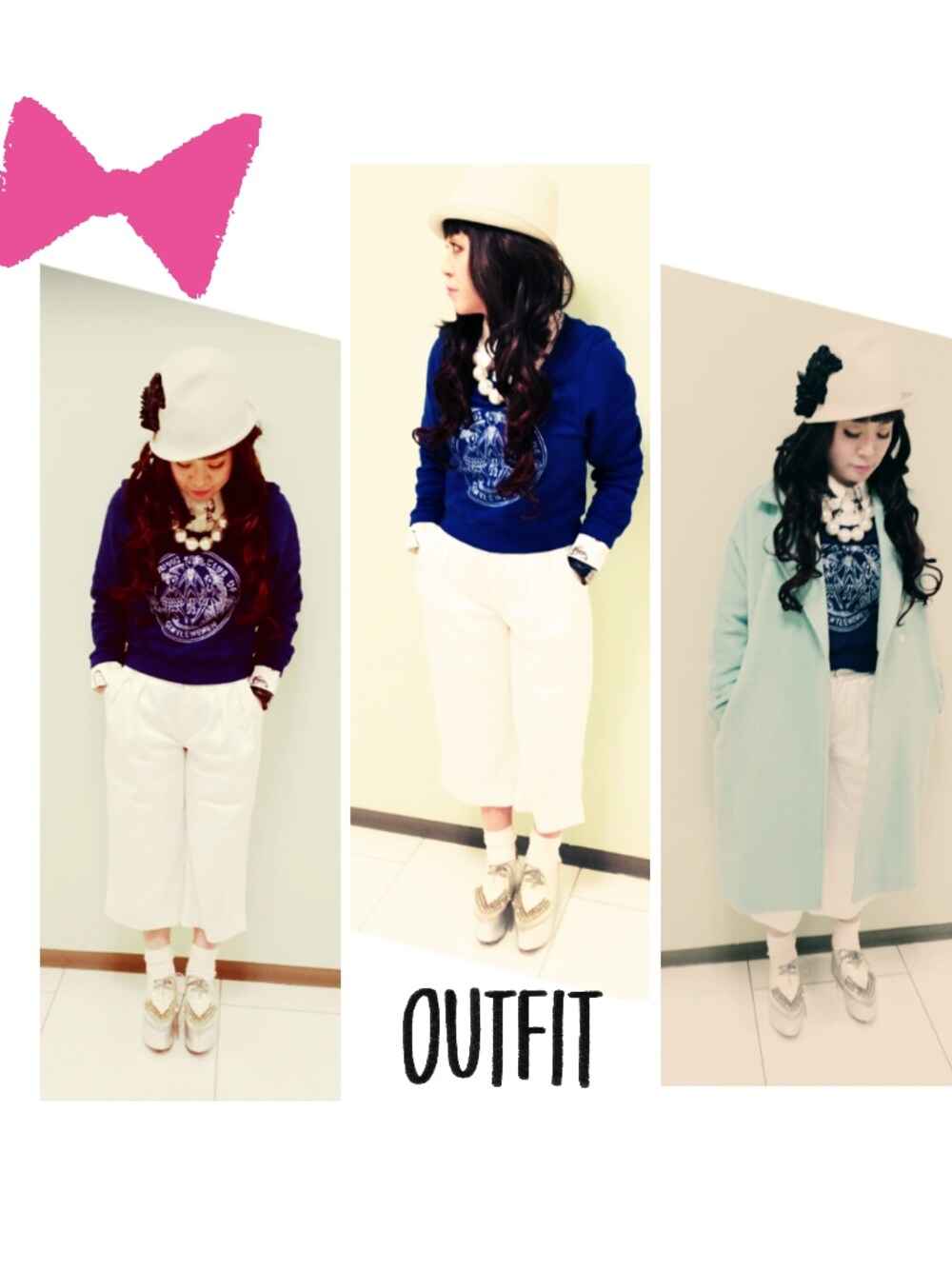 「ガウチョパンツ、Sretsis、チェスターコート、misaharada、白、ジェフリーキャンベル(Jeffrey Campbell)、パールネックレス」｜「Sretsisのアイテム（スウェット、ブルー系）」を使った、Mana☆★さん（レディース・155cm）の冬コーディネートの1枚目の写真