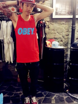 「OBEY」｜「アイテム（タンクトップ）」を使った、大衛さん（メンズ・174cm）の夏コーディネート