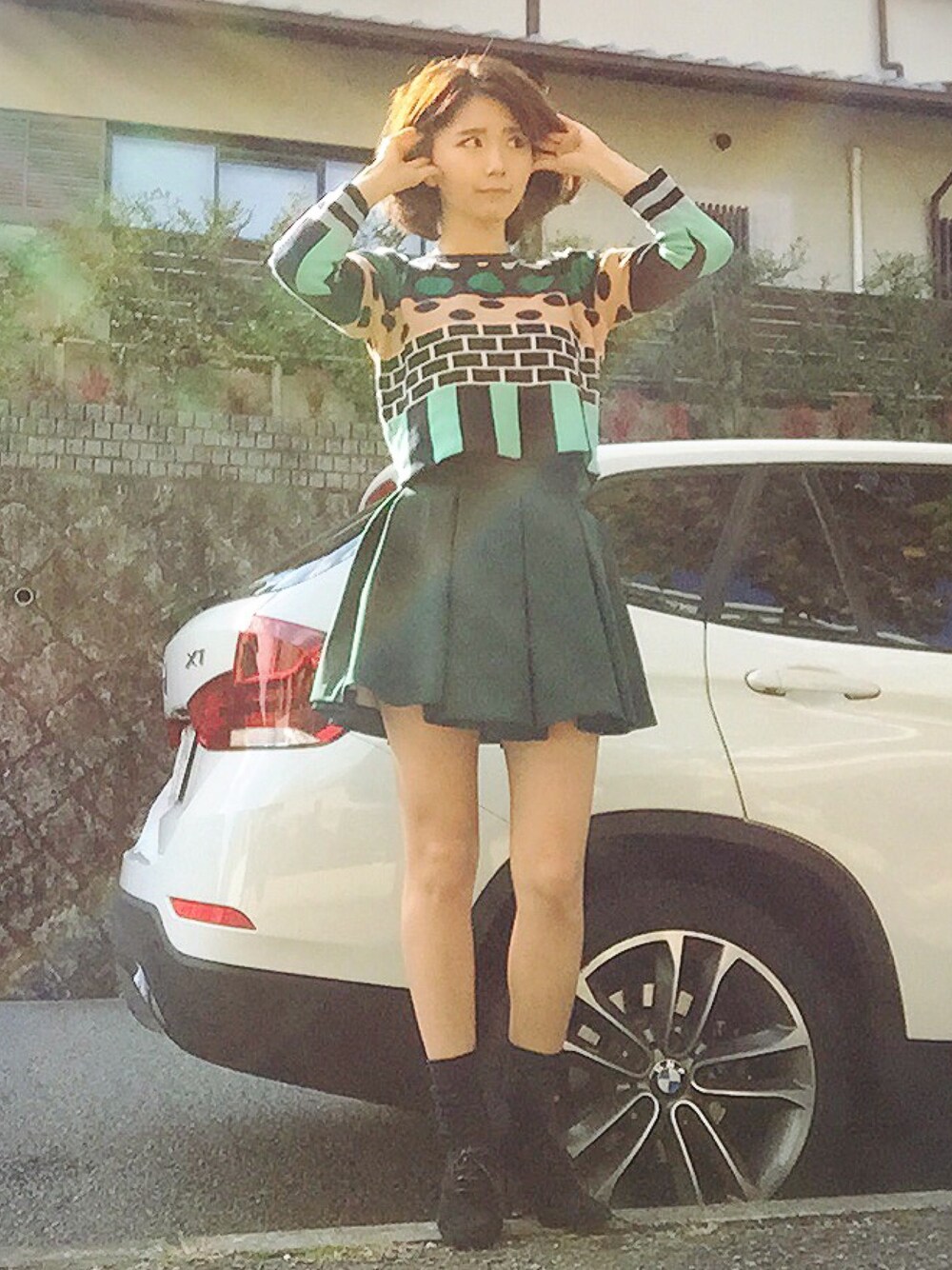 「green、11am、みどり」｜「11AMのアイテム（ニット/セーター、グリーン系）」を使った、よんよんさん（レディース・165cm）の秋コーディネートの1枚目の写真