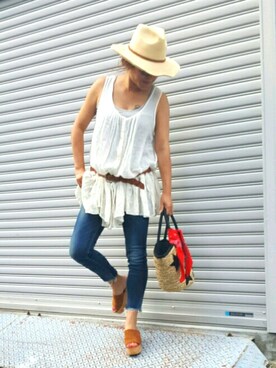 「Ungrid（アングリッド）のインディゴフレイドヘムストスリ（デニムパンツ）」を使った、Kaoさん（レディース・156cm）の夏コーディネート